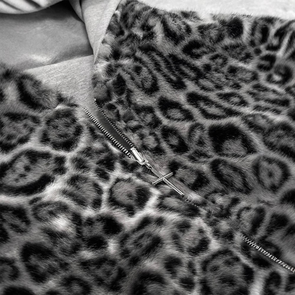 Retro Leopard Hoodie Zipper Casual Loose Sweater Autumn Winter Personality Europe And United States Style