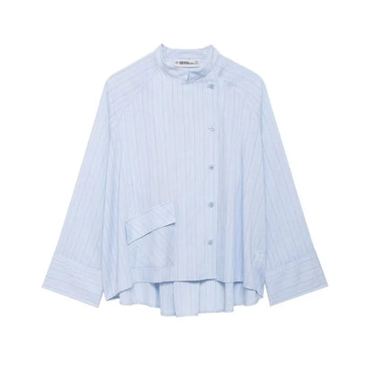 Women's Striped Shirt with Pocket New Spring Long Cuffed Sleeve O Neck Simple Women Shirt & Blouses Asymmetric Hem Female Tops