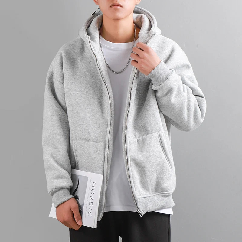 Dukeen Winter Hoodies for Men with Fleece Thicken Warm Zip-Up Hooded Shirt Casual Solid Color Woman Clothing White Black Coat