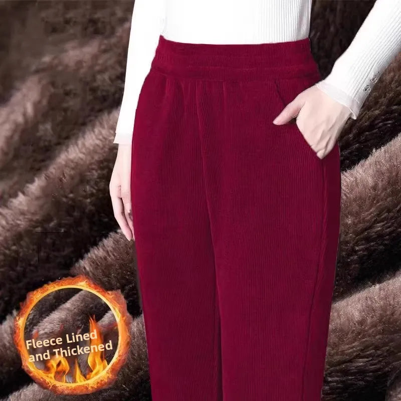 High Waist Flannel Lined Thickened Corduroy Pants for Women Autumn Winter Casual Harlan Pants Versatile Comfortable Cotton Pants