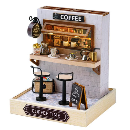 Coffee Shop Mini Doll House DIY Small House Kit 3D Puzzle Assembly Building Model Toys Home Bedroom Decoration With Furniture
