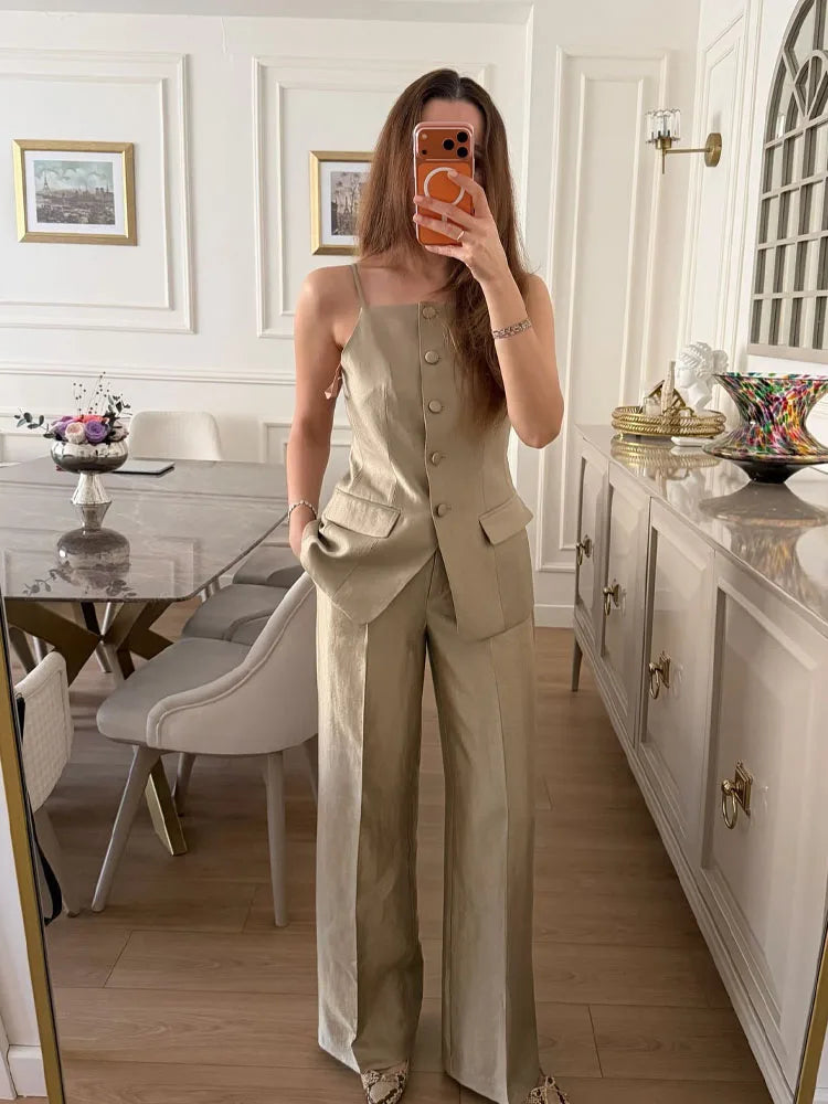 HH Woman Slim Single-breasted Sleeveless Tube Top Vest+Spring Elegant Pockets High Waist Straight Leg Pants Solid 2 Piece Set