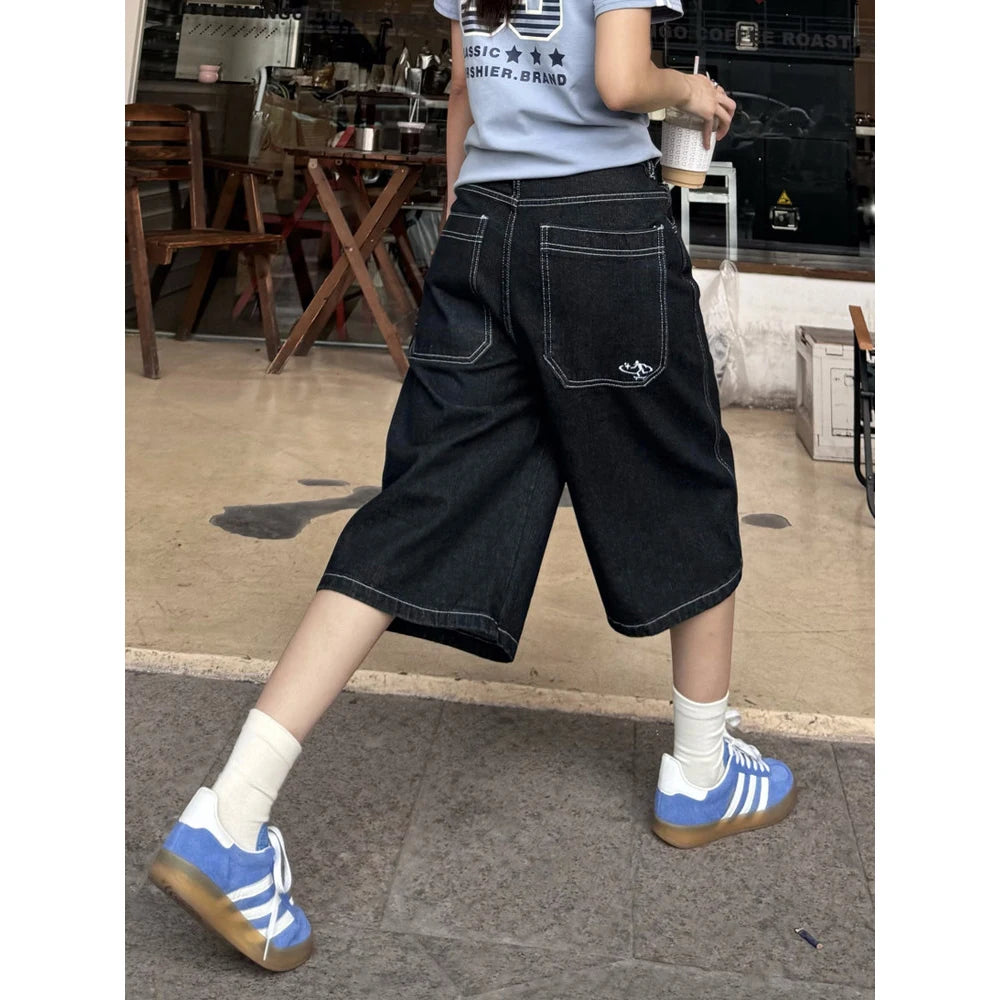American Retro Loose Wide Leg Street Jeans Seven-Foot Casual Shorts Men Women Summer Small Audience Knee-Covering Jeans