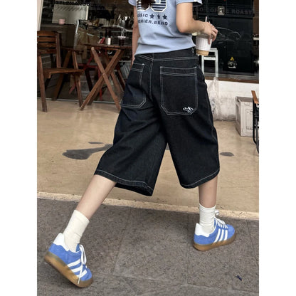 American Retro Loose Wide Leg Street Jeans Seven-Foot Casual Shorts Men Women Summer Small Audience Knee-Covering Jeans