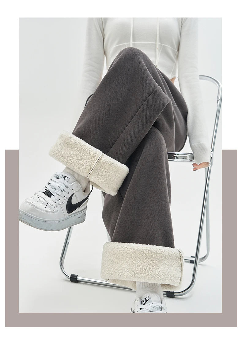 Gray Lamb Velvet Sport Pants Women's High Waist Drapey Fleece Wide Leg Casual Small Size Thickened Cotton Pants