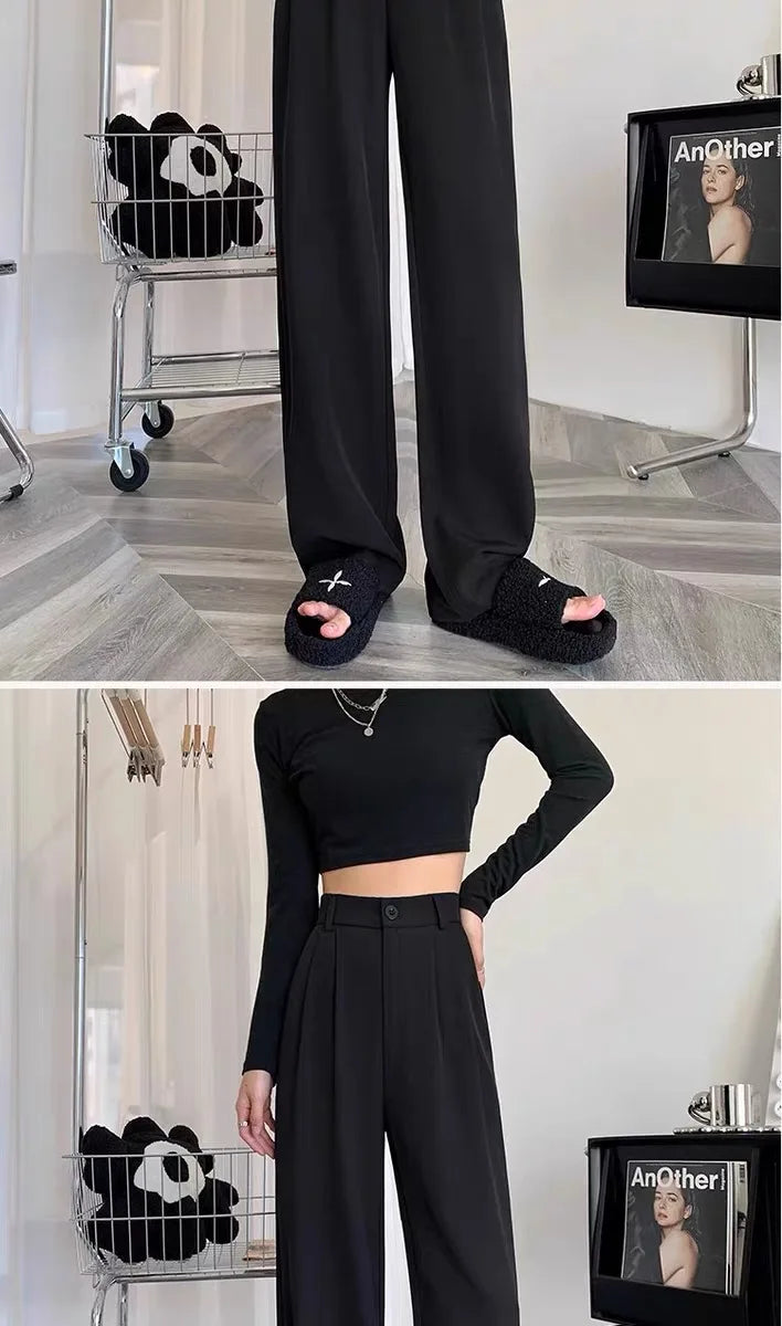 High Waist Straight Leg Suit Pants Women's Summer Thin Large Size Fat MM Hip Covering Slim Wide Leg Trousers Korean Style