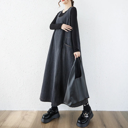 Artistic Loose Long Denim Vest Skirt Women's High Waist over Knee Slimming Cotton Casual Style Floral Embroidery Autumn Wear