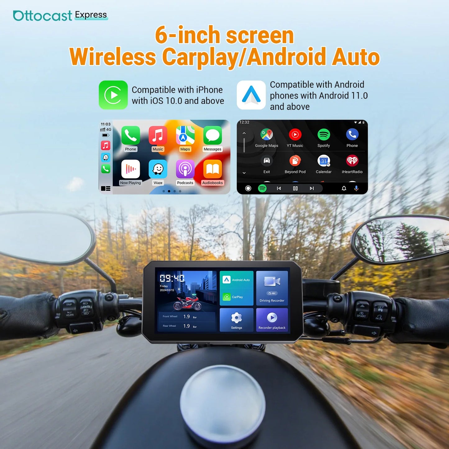 Ottocast Express Motorcycle Display 6.0 inch IP67 Waterproof GPS Wireless Carplay Android Auto DVR Drive Recorder Moto Monitor