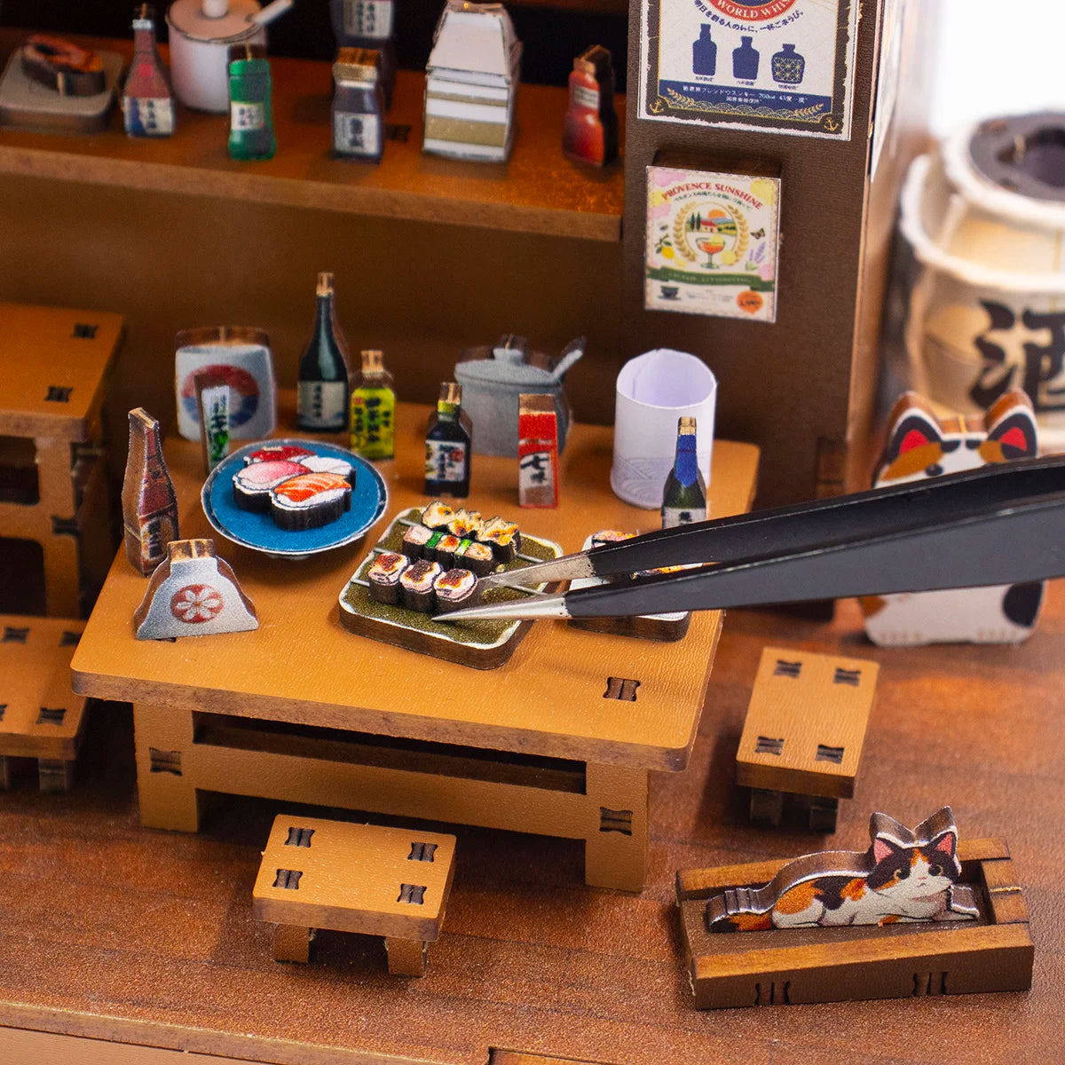Izakaya Mini 3D Puzzle Assembly Model Dollhouse Kit DIY Handmade Toy Bookshelf Set, Wood Crafts for Girls' Birthday Gifts