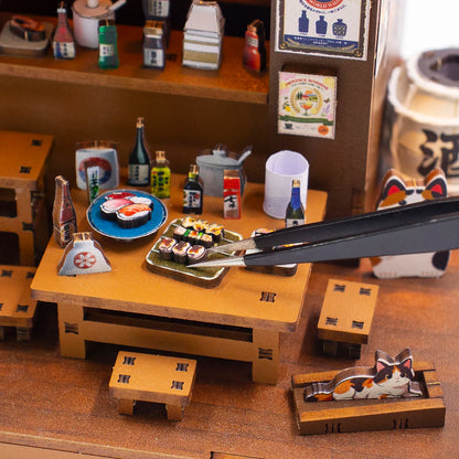 Izakaya Mini 3D Puzzle Assembly Model Dollhouse Kit DIY Handmade Toy Bookshelf Set, Wood Crafts for Girls' Birthday Gifts