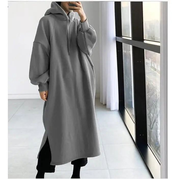 Korean Style Fleece Lined Long Hoodie Dress Women's Thickened Split Slimming Autumn Winter Dress Cotton Polyester Blend