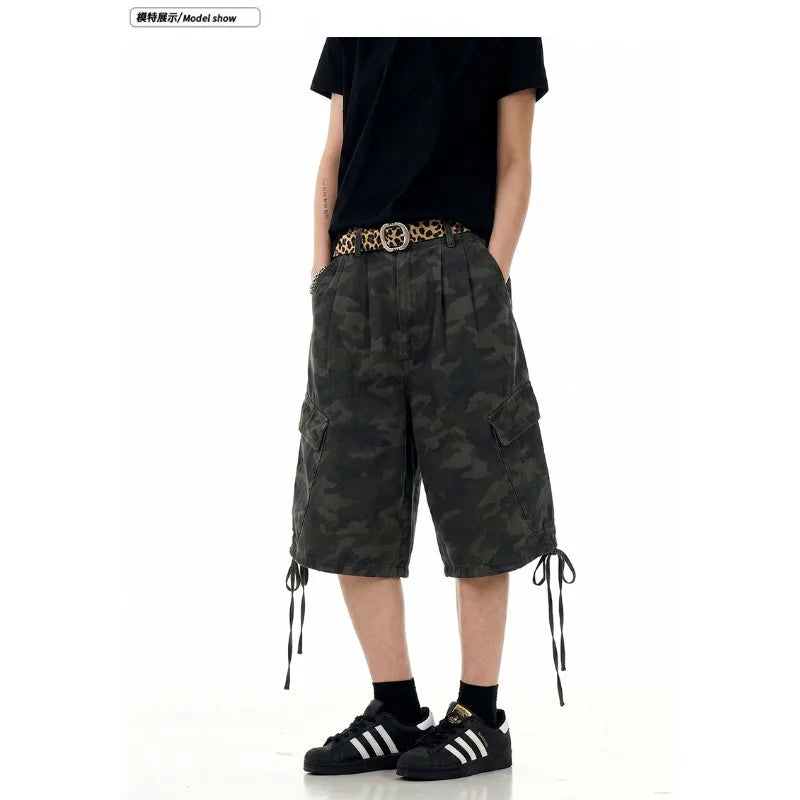 Men's Denim Shorts Cargo Shorts Drawstring Multi Pocket Camouflage Letter Print American Style Casual Summer Vintage Street