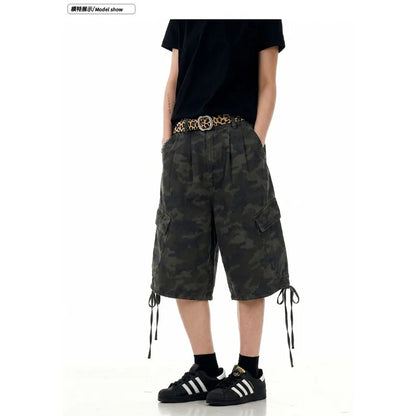 Men's Denim Shorts Cargo Shorts Drawstring Multi Pocket Camouflage Letter Print American Style Casual Summer Vintage Street