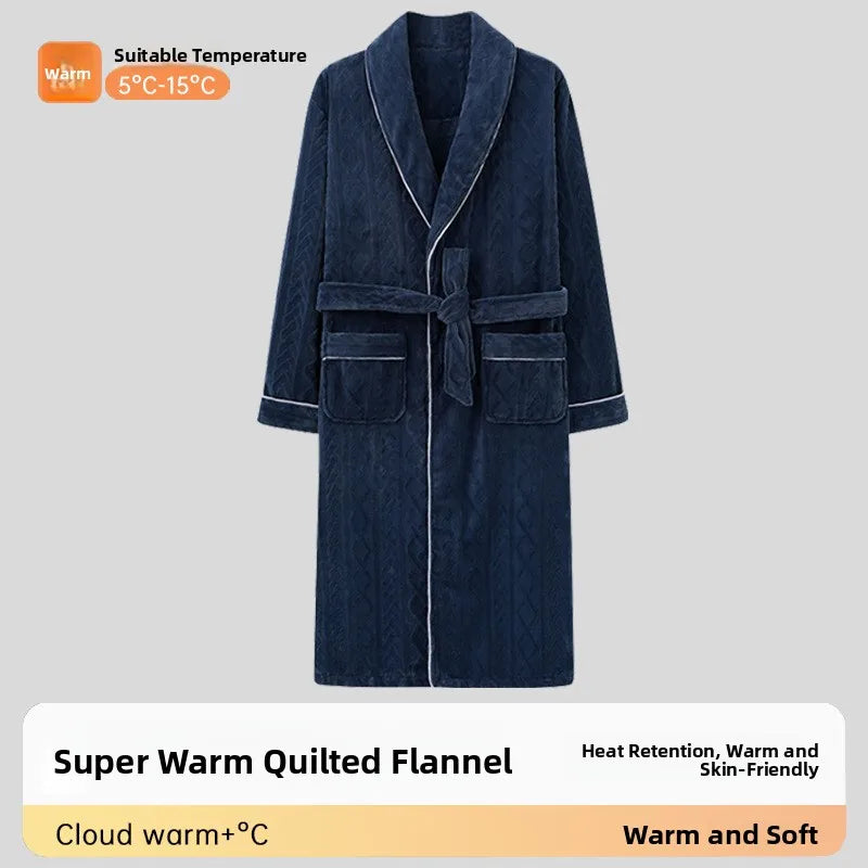 Men's Thickened Flannel Robe Autumn Winter Home Clothes Sleepwear Warm Long for Couple Fleece Lined Bathroom Gown