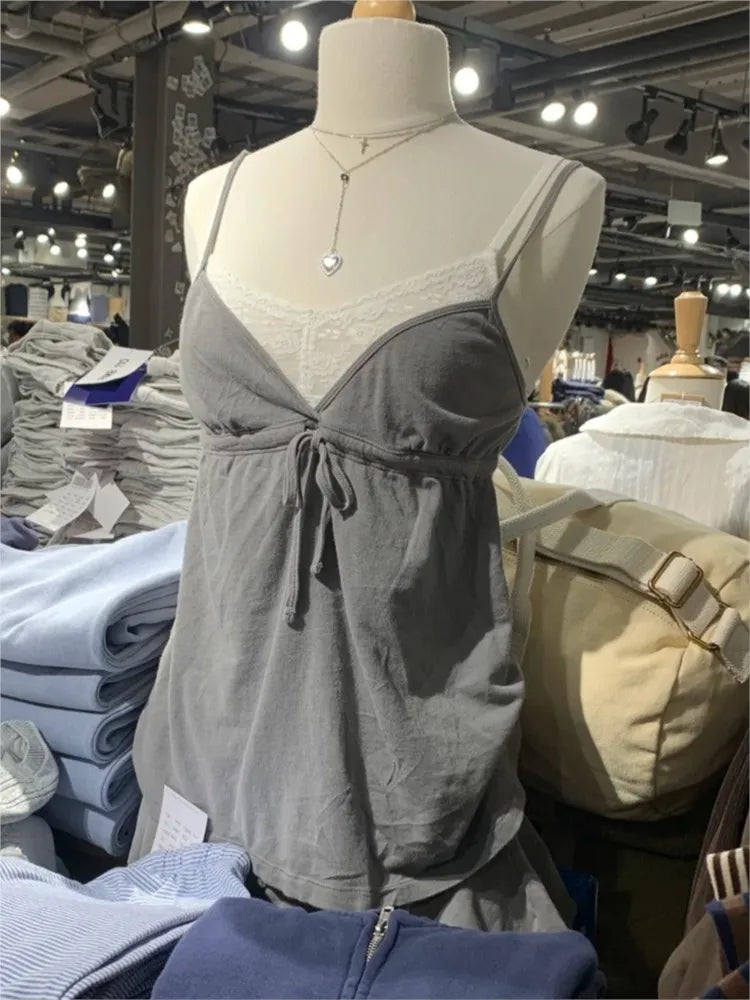 Sweet Lace-up Camisole Women Summer Streetwear Simple Basic Deep V-neck Sleeveless Vests Vintage Cute Cotton Tank Tops Y2K