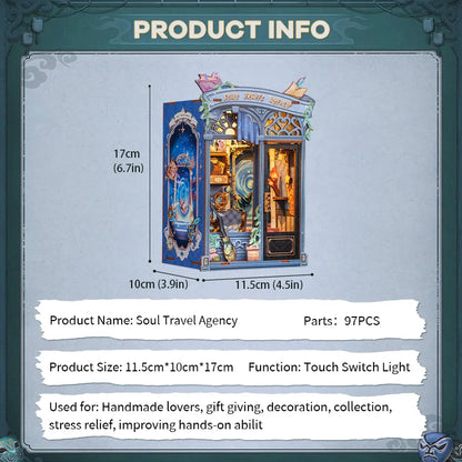 CUTEBEE Book Nook Kit Miniature House Kit Wooden Dollhouse with Led Light Bookshelf Insert Soul Travel Agency for Home Decor
