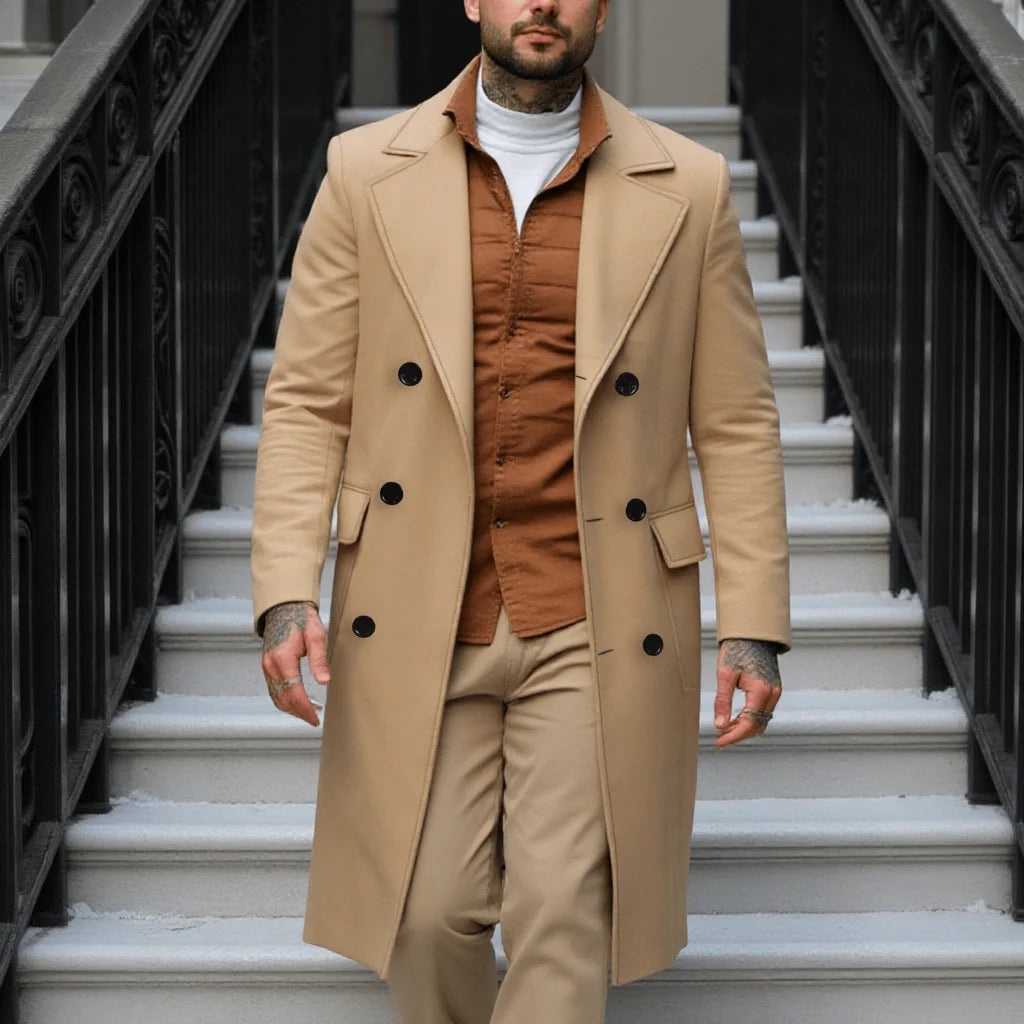 New Men's Elegant Woolen Overcoat Long Jacket For Early Autumn Warm Outdoor Street Style Commute Wear Double-Breasted