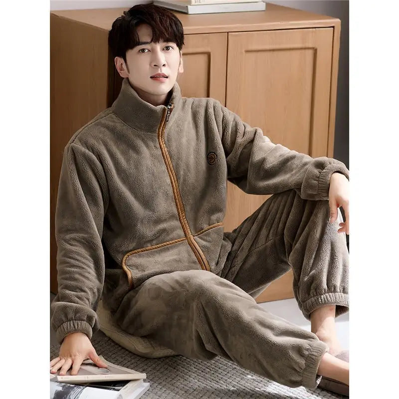 Men's Winter Sleepwear Coral Fleece Thickened Flannel Casual Long Sleeve Pajamas Large Size Home Clothes Chinese Style