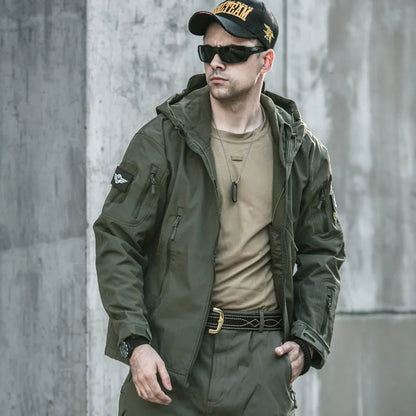 Men's Military Tactical Jackets Full Zip Shark Skin Soft Shell Tactical Waterproof Windbreaker Outdoors Hiking Hooded Coat S-4XL
