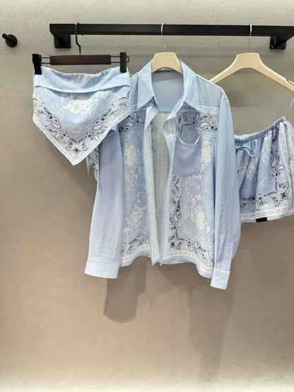 Mediterranean Style Silk Scarf Printed Shirt Loose Top Strapless Short Skirt Set Casual Women's Clothing 26's New