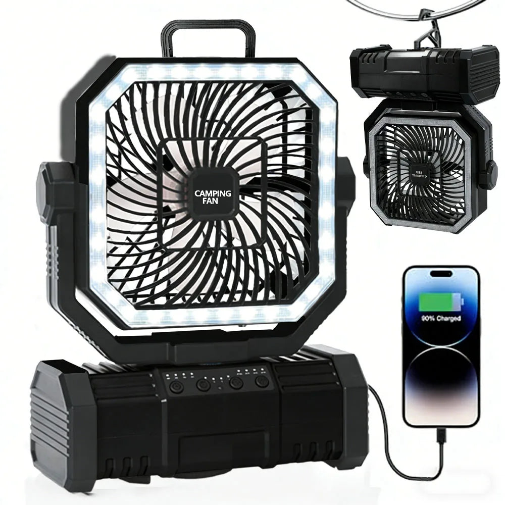 Outdoor Camping Fan 20000mAh Rechargeable Fan  with LED Lantern & Remote for Fishing Travel, 4 Speeds 8H Timer, Hanging Hook