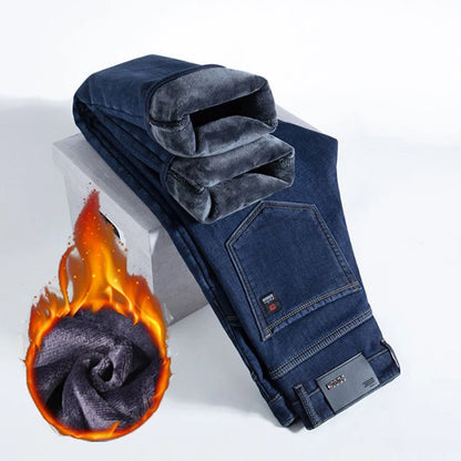 Men Autumn Winter Fleece Lined Thickened Jeans Male Warm Fashion Loose Straight Denim Pants High-Waisted Casual Trousers