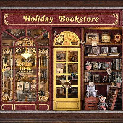Book Nook Kit Holiday Bookstore DIY 3D Wooden Puzzle Dollhouse Photo Frame Ornament Model Bookend Building Home Decoration