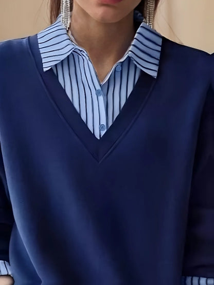 Women's solid-color long-sleeve polo shirt with color-block collar design  stylish and casual knitted top for spring and summer