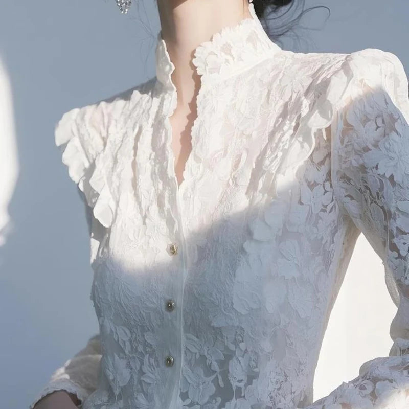 Elegant White Lace Shirt Luxury Feel Spring 2026 New Style Women's Premium Quality Long Sleeve Polyester Fiber Fashionable