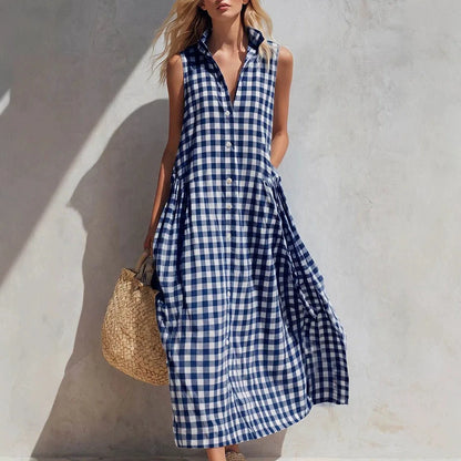 2026 Women Vintage Plaid Dress Sleeveless V-Neck Loose Midi Dresses French Retro Summer Beach Vacation Casual Chic Boho Sundress