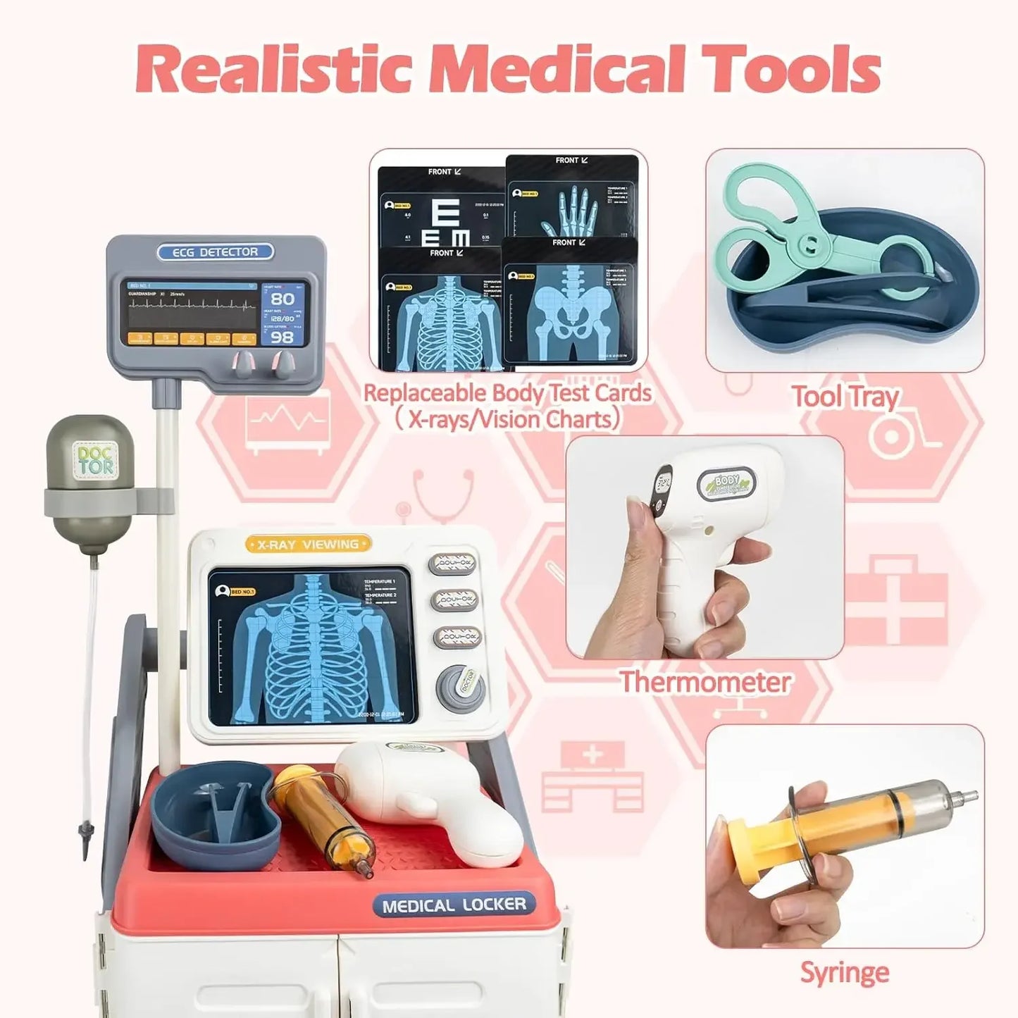 Doctor Toy Set for Kids Pretend Play Medical Trolley Kit with Stethoscope Simulated ECG Machine Doctor Role Play Tools Gift