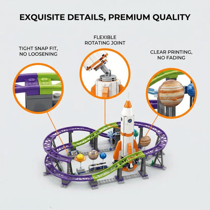 Space-themed roller coaster building block set, includes connectable circular track assembly components, a rotatable rocket laun