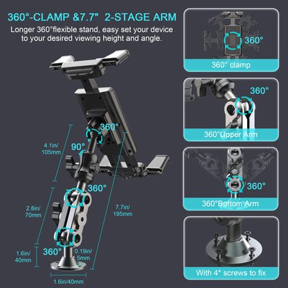 Heavy Duty Tablet Holder Wear Resist 2-Stage Phone Stand 360 Degree Rotable Car Dashboard Phone Mount for Car Bike Boats Trucks