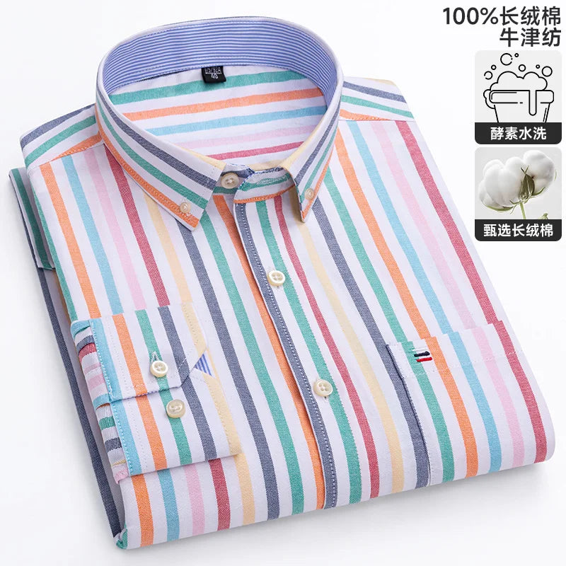 100% Cotton Oxford Casual Shirts For Men Long Sleeved Plaid Striped Soft Regular Fit Formal Single Pocket Social Fashion Blouses