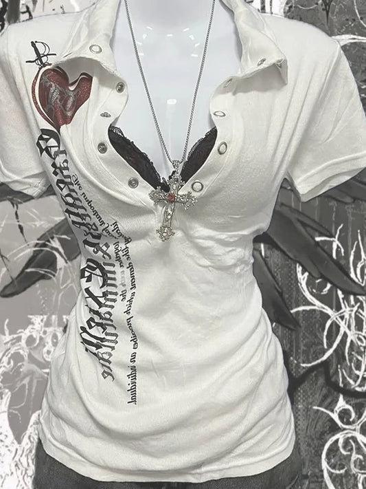 Retro American Hot Girl Print Short Sleeve Slim Fit T-Shirt Women's Summer New Style Versatile Slimming Top Cotton Polyester