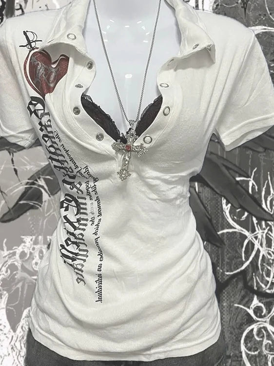 Retro American Hot Girl Print Short Sleeve Slim Fit T-Shirt Women's Summer New Style Versatile Slimming Top Cotton Polyester