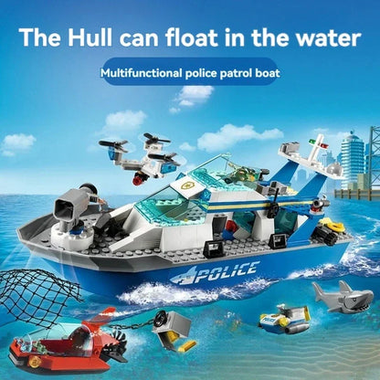 Building blocks children's City Series  Police Patrol Boat Ship Assembly City group police boat boy MOC Gift Assembly Toy