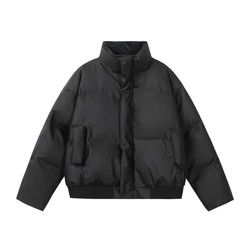 Outdoor Water-Resistant Men's Winter Short Puffer Jacket - Black (Khaki/Beige) M-4XL | PU Leather Trim | Boxy Cropped Fit