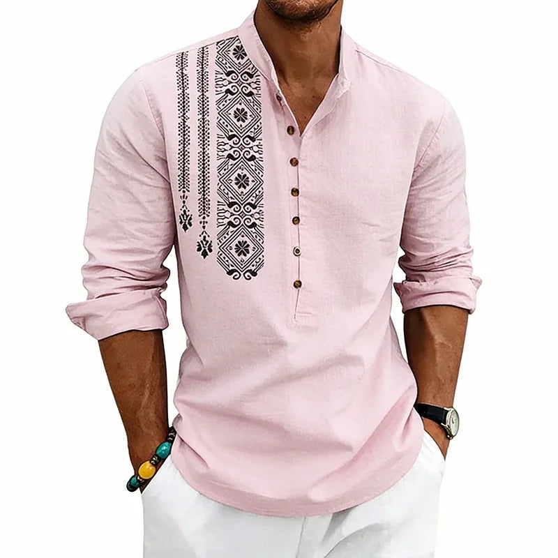 Spring and summer long-sleeved loose ethnic style linen printing breathable stand-up collar breasted long-sleeved shirt men