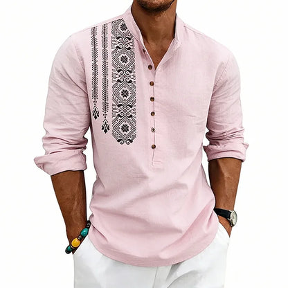 Spring and summer long-sleeved loose ethnic style linen printing breathable stand-up collar breasted long-sleeved shirt men