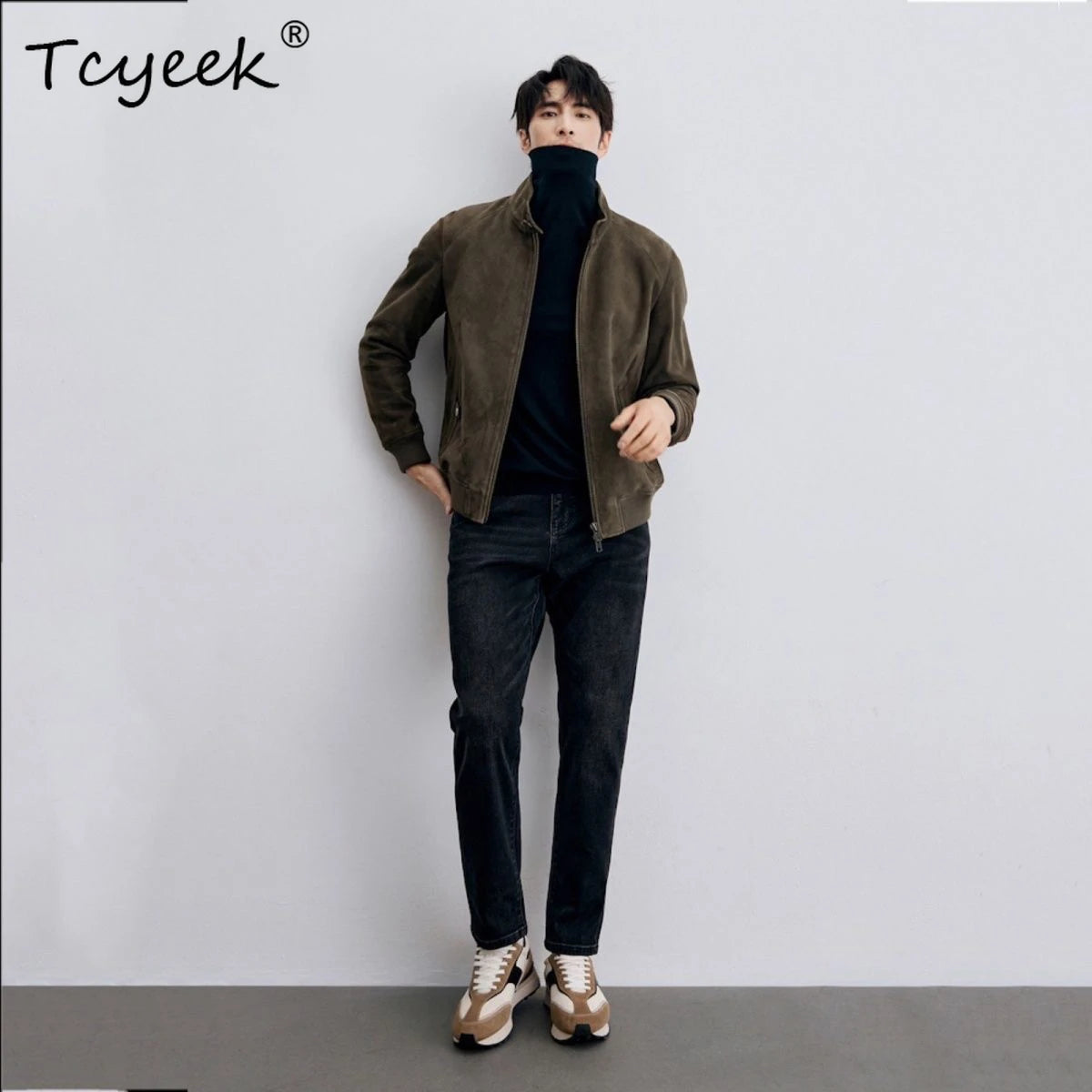 Tcyeek Real Sheepskin Autumn Winter High End Trendy Standing Collar Green Men's Genuine Leather Jacket Куртка Кожаная Мужская