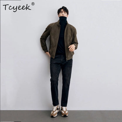 Tcyeek Real Sheepskin Autumn Winter High End Trendy Standing Collar Green Men's Genuine Leather Jacket Куртка Кожаная Мужская