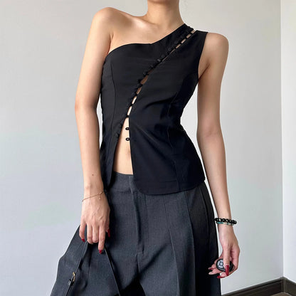 Cryptographic Elegant Asymmetrical Top with Hook and Eye Fashion Sexy Cut Out Backless Split Tops Slim Vest Summer Clothes