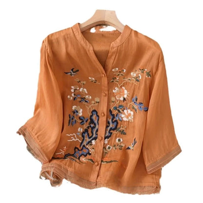 Large Size Mom Embroidered irt Women's Spring New Cotton Linen irt High End f Sve Seven Sve Women's Top