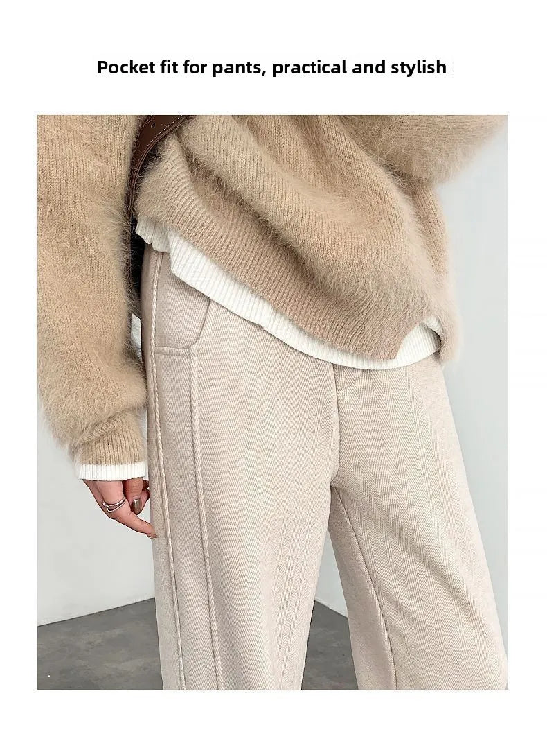 Thickened Fleece Wide Leg Pants High Waist Trousers for Women Casual Autumn Winter Slimming Warmth Pants Korean Style