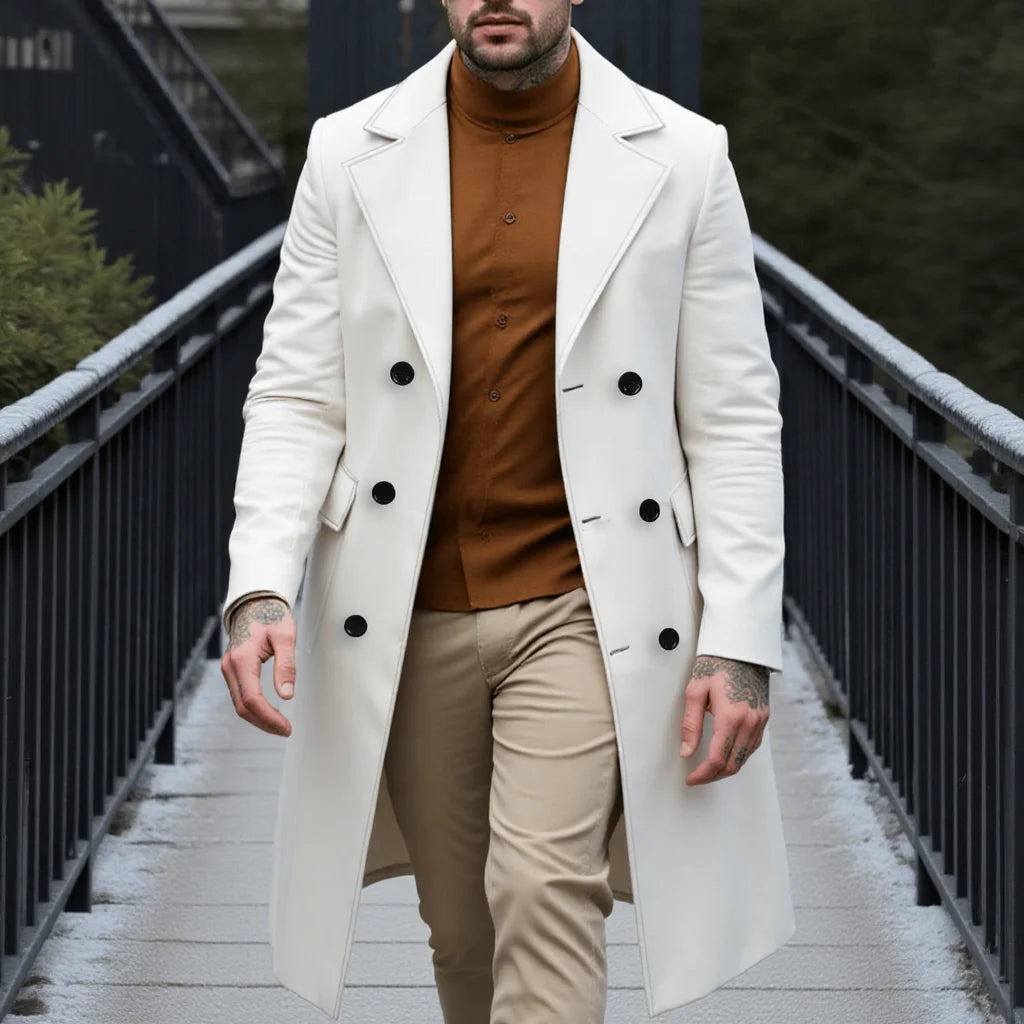 New Men's Elegant Woolen Overcoat Long Jacket For Early Autumn Warm Outdoor Street Style Commute Wear Double-Breasted