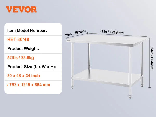 SucceBuy 4 Size Stainless Steel Prep Table Heavy Duty Metal Worktable Commercial Work Table for Restaurant and Home