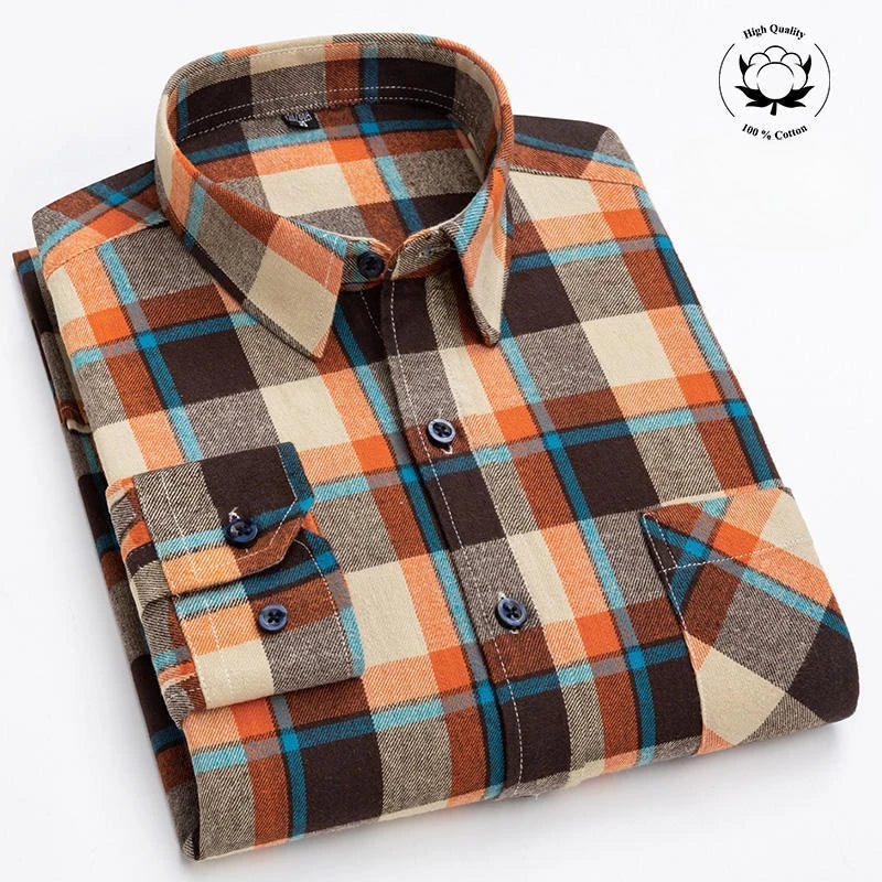 Autumn Winter Plaid Shirts Thick Flannel Shirt Standard-Fit for Men Long Sleeve Pure Cotton  Patch Pocket Design Young