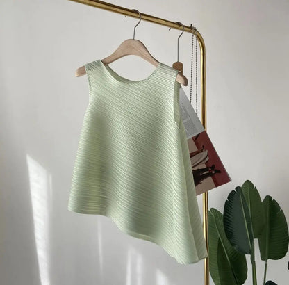 Unique Folded Design Sleeveless Top Set for Small Women Elegant Suitable Travel Wear Polyester Summer T-Shirt round Neck High...