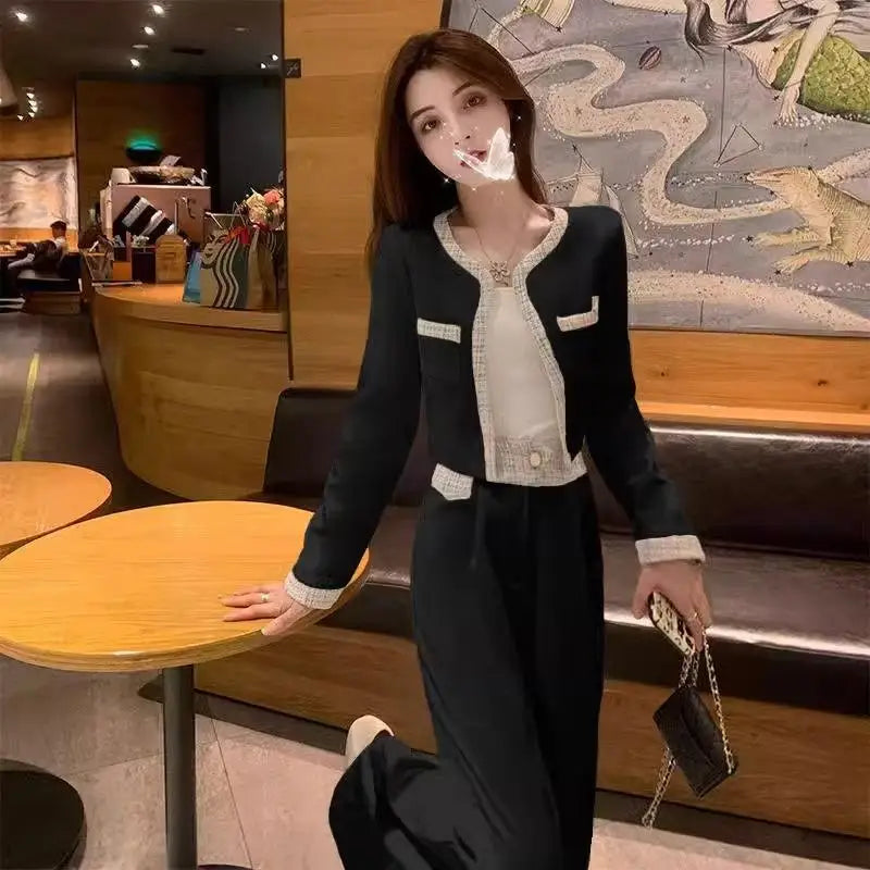 Elegant Fashion Set Women's Spring Autumn New Style Small Fragrance Wind Coat Wide Leg Pants Two Piece Set High Waist Long Pants
